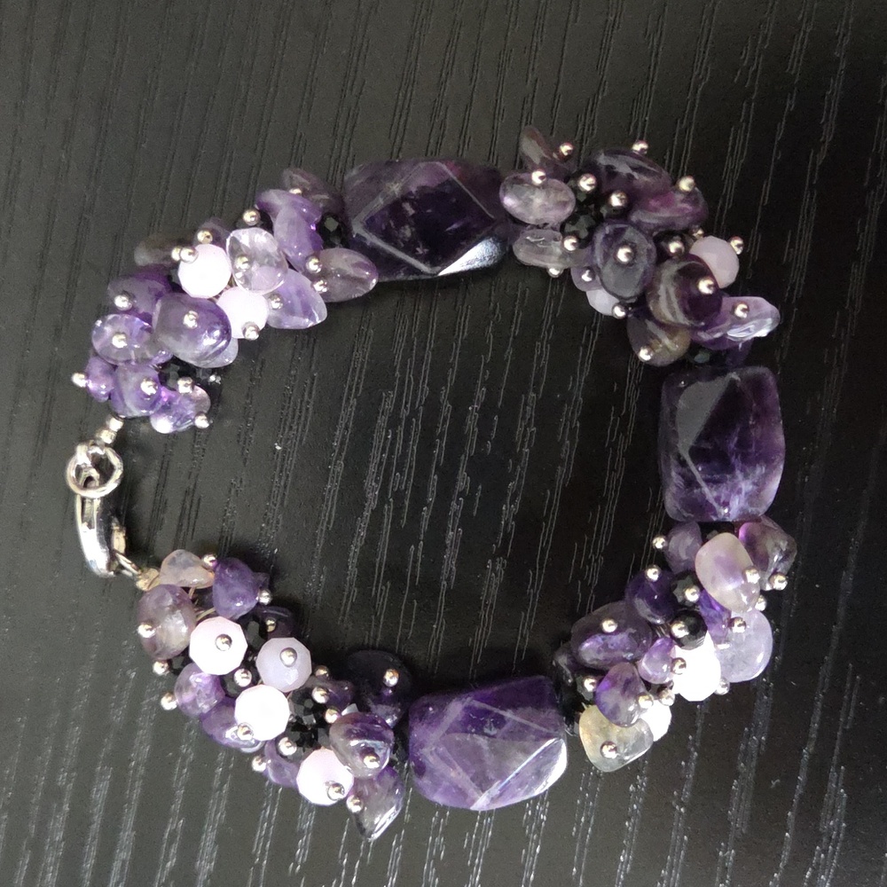 Estate Amethyst Beaded Bracelet Purple Stone Cluster Silver Tone